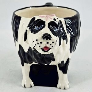 Tom Hatton Artist Signed Ceramic black white Dog w pink bow Mug
